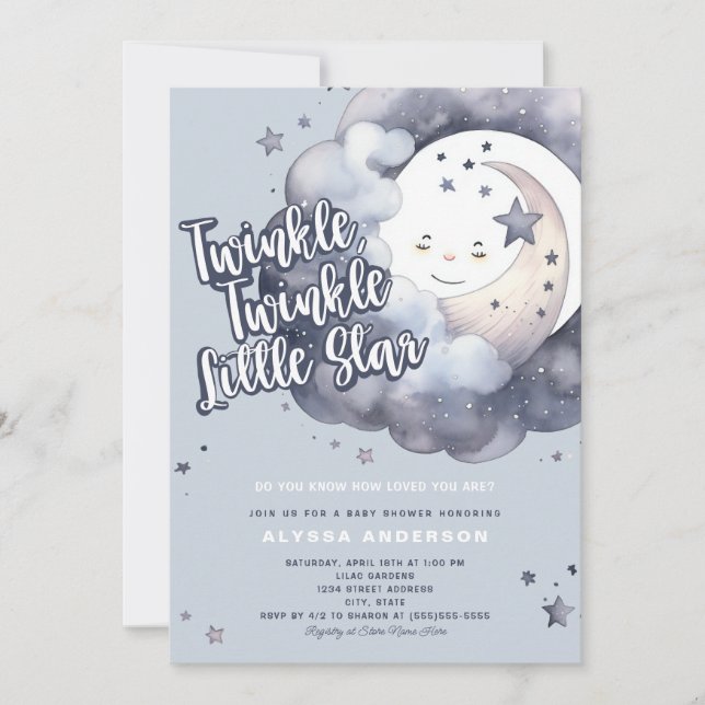 Invitation Twinkle Twinkle Little Star Moon Baby shower (Devant)