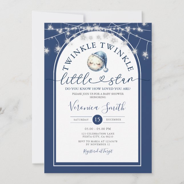 Invitation Twinkle Twinkle Little Star Moon Baby shower léger (Devant)