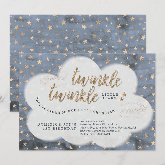 Invitation Twinkle Twinkle Little Star Twin Boys 1er annivers (Devant / Derrière)