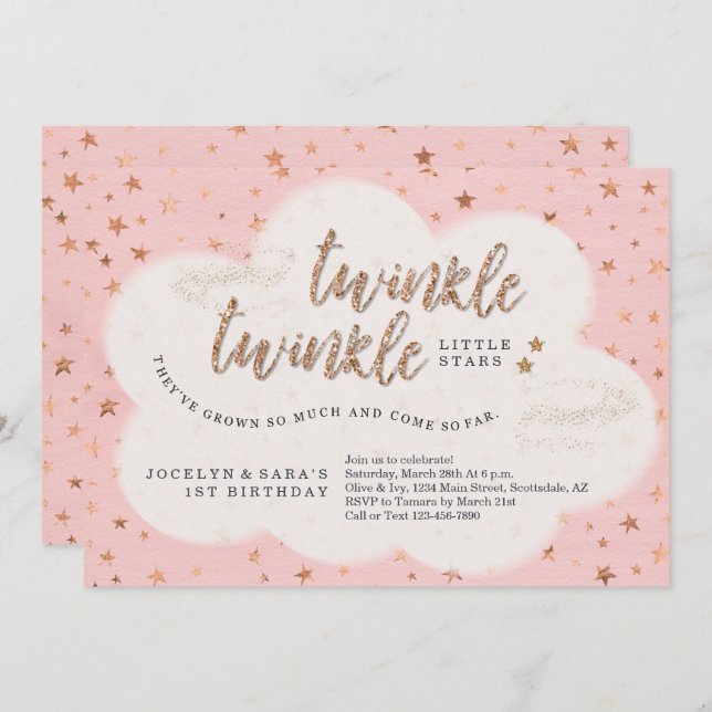 Invitation Twinkle Twinkle Little Star Twin Girl 1er annivers (Devant / Derrière)