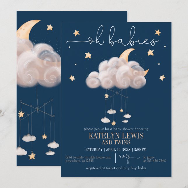 Invitation Twinkle Twinkle Little Star Twins Baby shower (Devant / Derrière)
