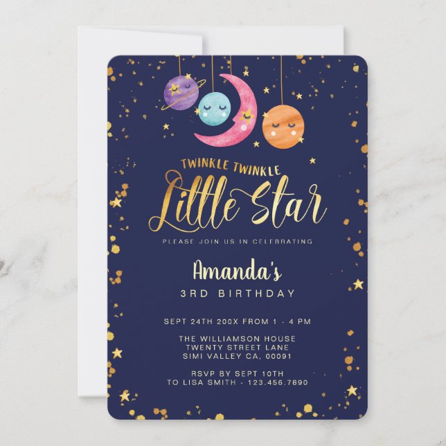 Invitation Twinkle Twinkle Little Stars & planètes Anniversai (Devant)