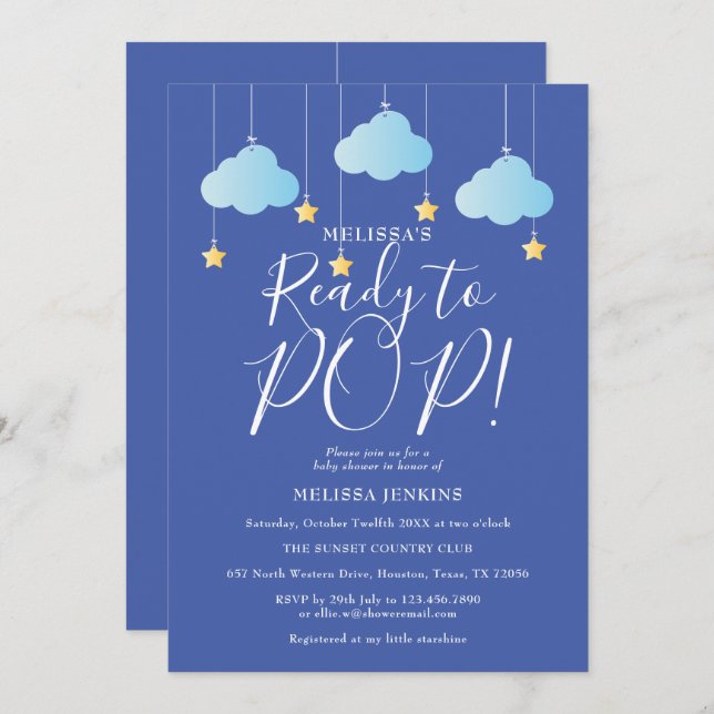 Invitation Twinkle Twinkle Ready to Pop Baby shower Blue (Devant / Derrière)
