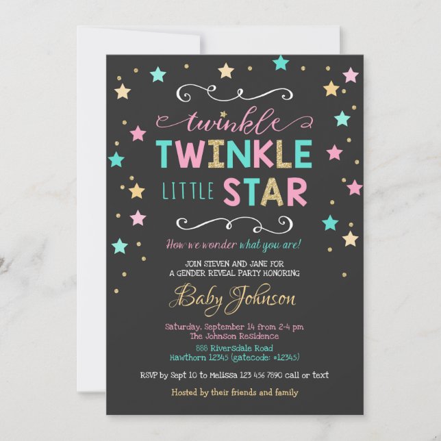 Invitation Twinkle Twinkle Star Baby shower, Révélation de ge (Devant)