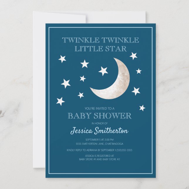 Invitation Twinkle Twinkle Stars Lune Baby Boy Baby shower (Devant)