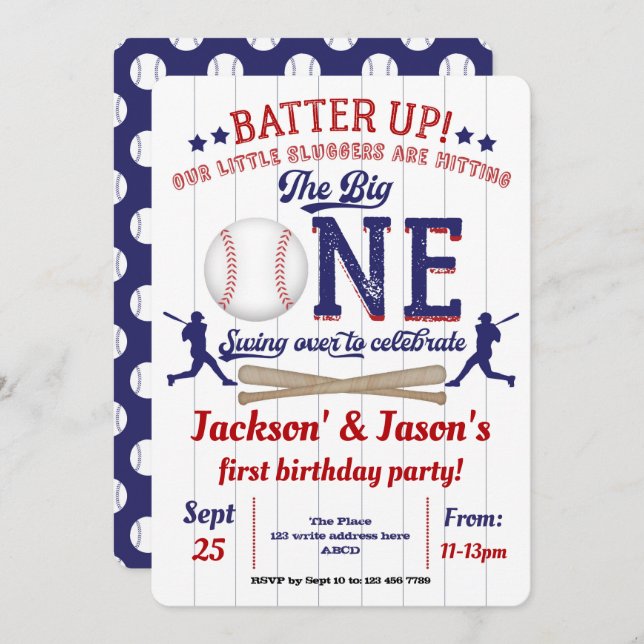 Invitation Twins, 1er anniversaire, Baseball (Devant / Derrière)