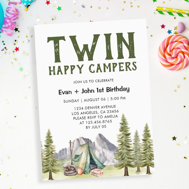 Invitation Twins 1er Anniversaire Happy Campers Rustic (Créateur téléchargé)