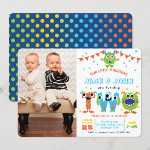 Invitation Twins 2e anniversaire petit monstre photo d'annive