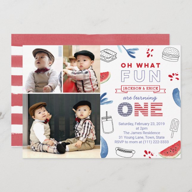 Invitation Twins All American 1st Birthday Multiples photos (Devant / Derrière)