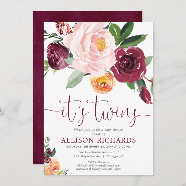 Invitation Twins automne baby shower floral, rose rousse rose (Devant / Derrière)