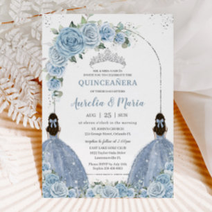 Invitation Twins Baby Blue Floral Robe Argent Quinceañera