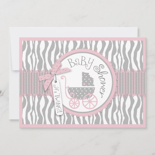 Invitation TWINS Baby Carriage, Zebra Print, Baby shower rose (Devant)