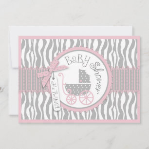 Invitation TWINS Baby Carriage, Zebra Print, Baby shower rose