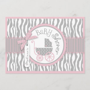 Invitation TWINS Baby Carriage, Zebra Print, Baby shower rose