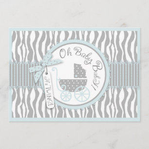 Invitation TWINS Baby Carriage, Zebra Print, Blue Baby shower
