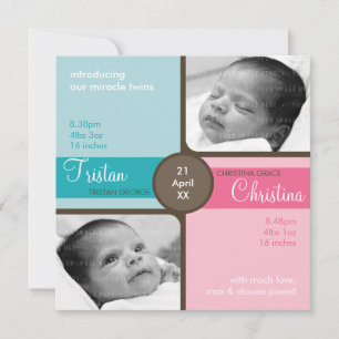 Invitation TWINS BABY MERCI :: chéri 1SQ