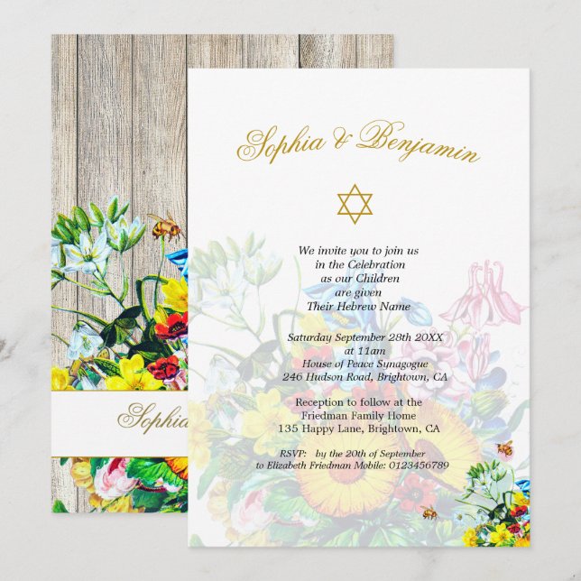 Invitation Twins Baby Naming Jewish Rustic Floral (Devant / Derrière)