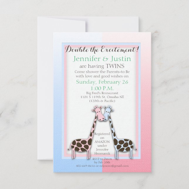 Invitation Twins Baby shower bleu et rose (Jen) (Devant)