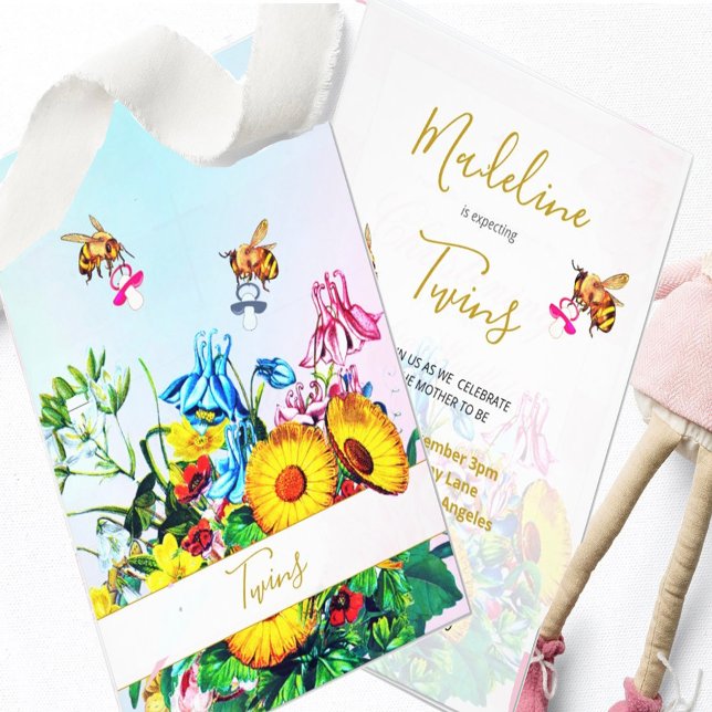 Invitation Twins Baby shower Blue Rose Floral Miel Bees (Créateur téléchargé)