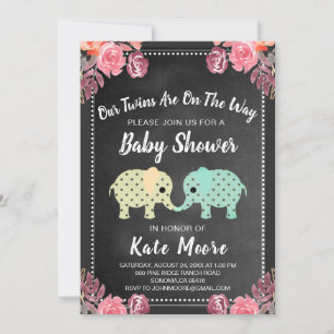 Invitation Twins Baby shower Chalkboard Eléphants floraux