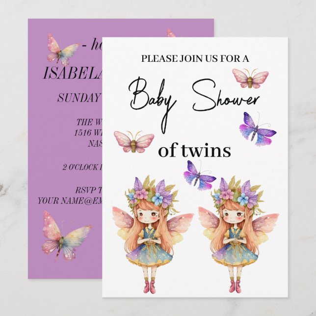 Invitation Twins Baby shower fée avec mouettes (Devant / Derrière)