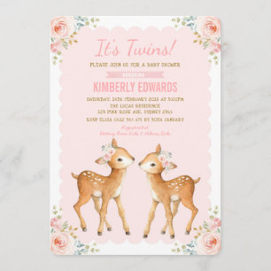 Invitation Twins Baby shower Girl Cerf Blush Rose Floral