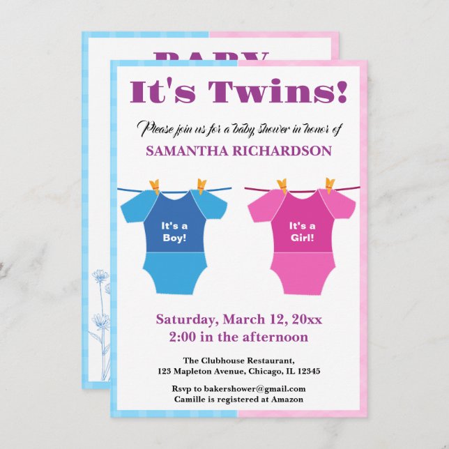 Invitation Twins Baby shower Party Girl Boy. (Devant / Derrière)
