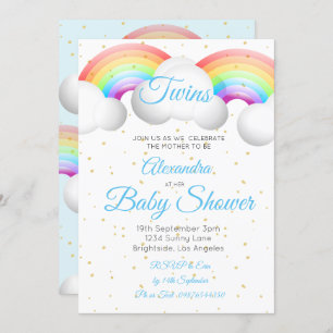 Invitation Twins Baby shower Rainbow Nuages Blue Gold Spots