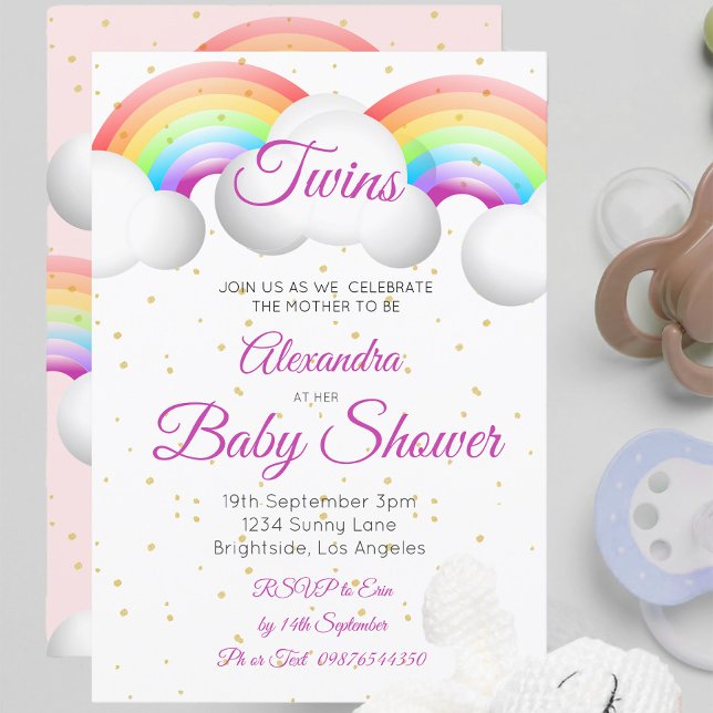Invitation Twins Baby shower Rainbow Nuages Pink Gold Spots (Créateur téléchargé)