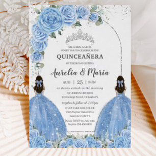 Invitation Twins Bahama Blue Floral Robe Argent Quinceañera