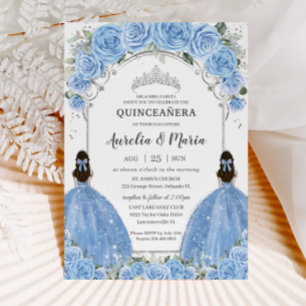 Invitation Twins Bahama Sky Blue Floral Silver Quinceañera