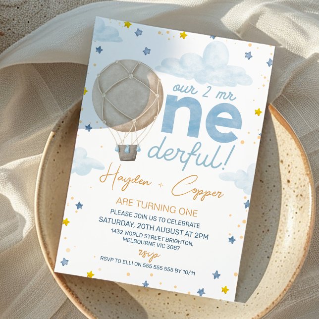 Invitation Twins Balloon à air chaud Deux M Onederdful Annive (Twins Hot Air Balloon Two Mr Onederful Birthday Invitation, Twin Boys Mr Onederful Birthday Invite)