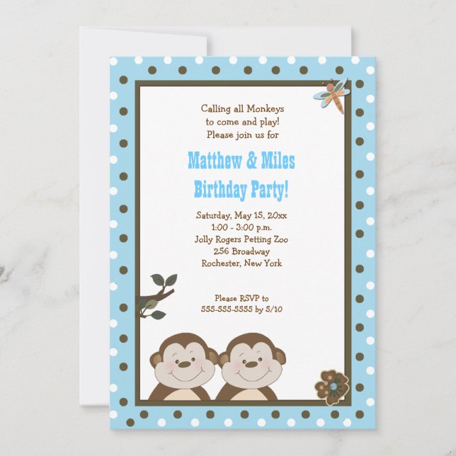 Invitation TWINS Bambino Singe 5x7 Anniversaire (Devant)