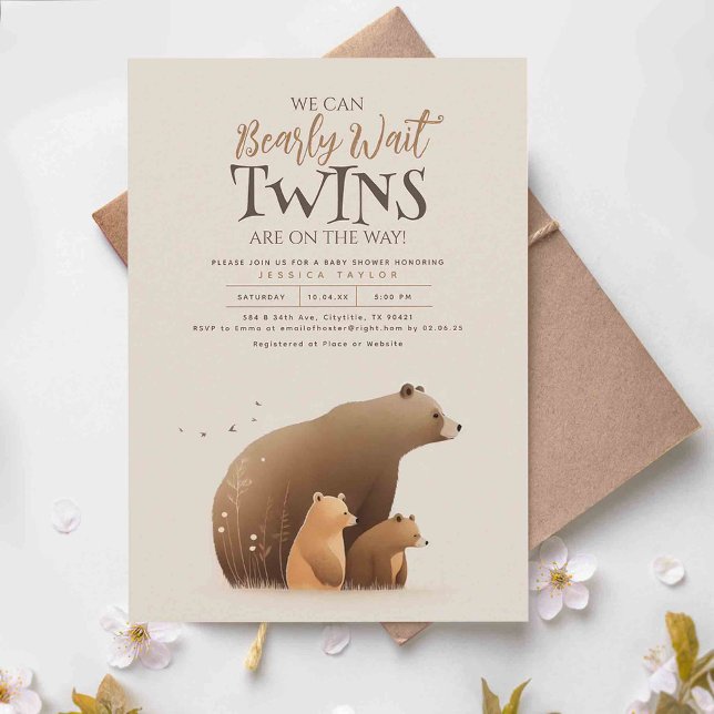 Invitation Twins Bear Baby and Mother mignonne Baby shower (We Can Bearly Wait Twins Are On The Way! - Cute Mother bear and her two cubs baby shower invitations)
