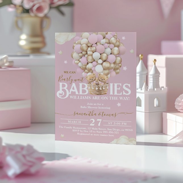 Invitation Twins Bear Balloons Bearly Wait Baby Girl Douche (Créateur téléchargé)