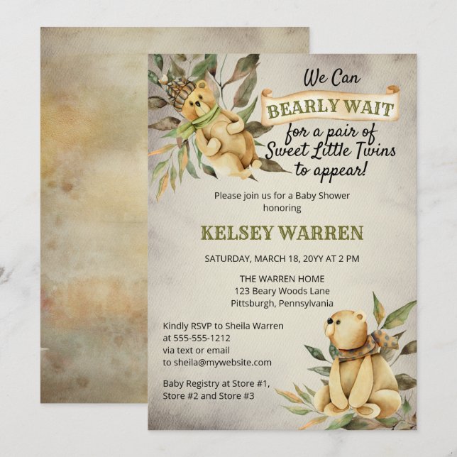 Invitation Twins Bearly Wait Woodland Teddy Bear Baby shower (Devant / Derrière)