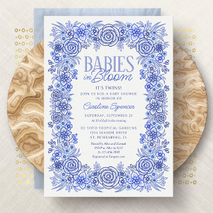 Invitation Twins Bébés En Fleur Baby shower Floral Bleu