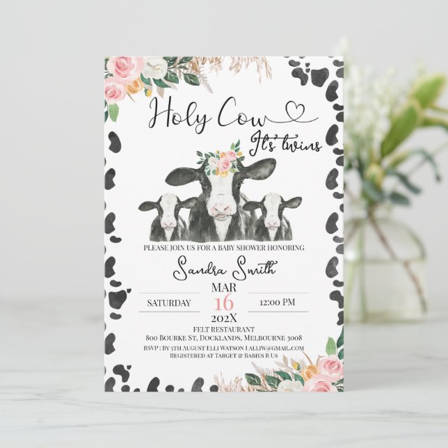 Invitation Twins Black White Vache Calves Baby shower Floral (Debout devant)