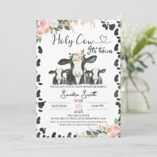 Invitation Twins Black White Vache Calves Baby shower Floral