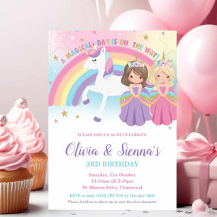 Invitation Twins Blonde Brunette Princesses Unicorne Annivers