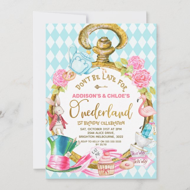 Invitation Twins Blue Watch Alice Dans L'Onederland Anniversa (Devant)