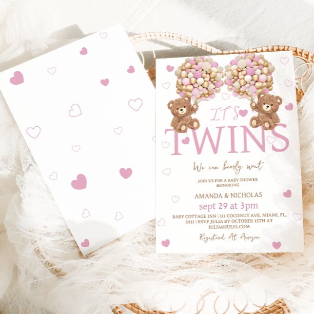 Invitation Twins Blush rose Ours Girls Baby shower (Créateur téléchargé)