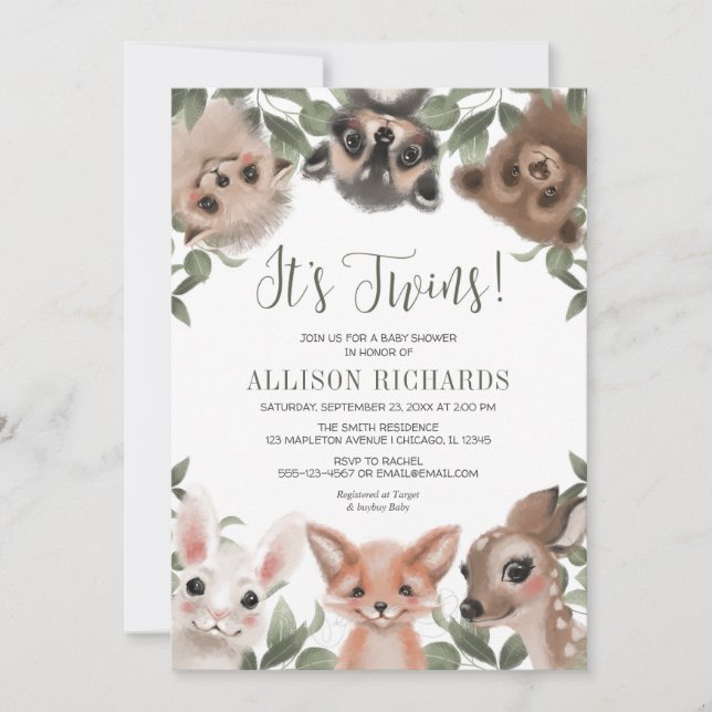 Invitation Twins bois animaux forêt amis baby shower (Devant)