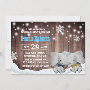 Invitation Twins Boy Elephant Winter Snowflaes Baby shower