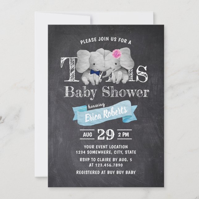 Invitation Twins Boy & Girl Cute Elephant Baby shower rustiqu (Devant)