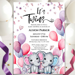 Invitation Twins Boy Girl Elephant Balloon mignon Baby shower