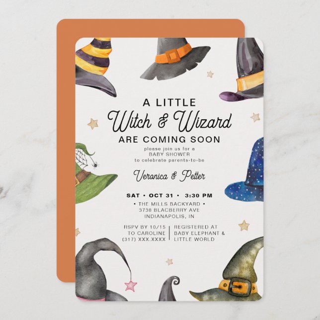 Invitation Twins Boy Girl Orange Halloween Baby shower (Devant / Derrière)