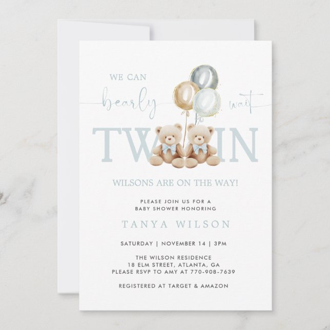 Invitation Twins Boy Teddy Bear Bearly Wait Baby shower (Devant)