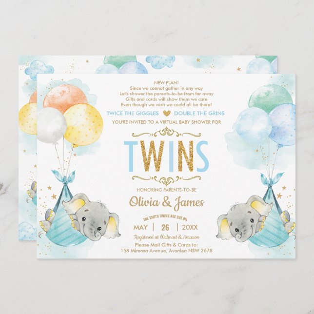 Invitation Twins Boys Elephant Baby shower virtuel par courri (Devant / Derrière)