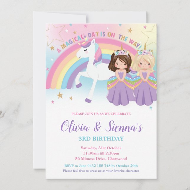Invitation Twins Brunette Blonde Princesses Unicorn Birthday  (Devant)
